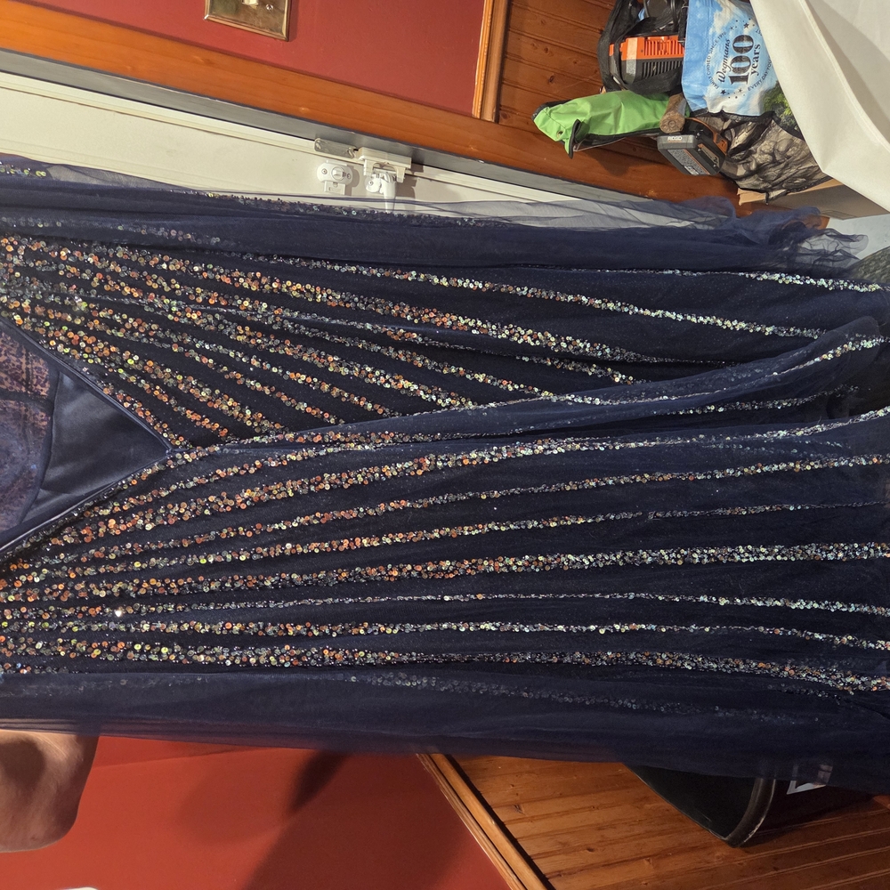 Jovani Blue and Gold Sequin Pleated Gown - Picture 6 of 9